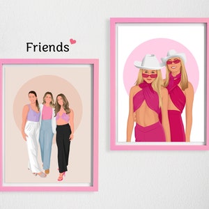 beste Freundin Cartoon Portrait, Geburtstagsgeschenk für Sie, Freundschaft Custom, Gesichtslos Portrait Druck, Geschenk für Bestie, Custom Freundschaftsgeschenk Bild 3