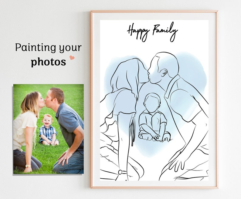 Personalisiertes Geschenk für Vater, Linie Zeichnung, Geschenk für Familie, individuelles Porträt, minimales Geschenk für Mutter, individuelle gesichtslose Zeichnung, Familienporträt Bild 9