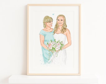 Watercolor Wedding Portrait from Photo: Custom Bride and Mother Painting