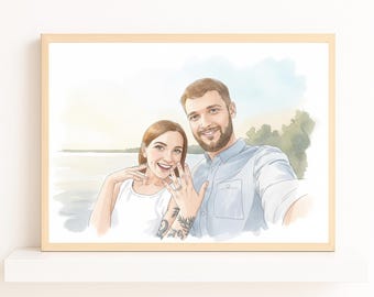 Może przedstawiać: Portret akwarelowy pary, oprawiony w jasne drewno. Kobieta, w białym topie, pokazuje pierścionek. Mężczyzna, w niebieskiej koszuli, uśmiecha się. Tło sugeruje scenerię nad jeziorem.