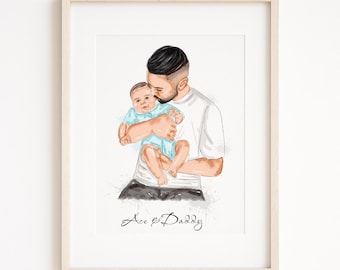 Portrait aquarelle personnalisé père et fils, cadeau personnalisé pour la fête des pères