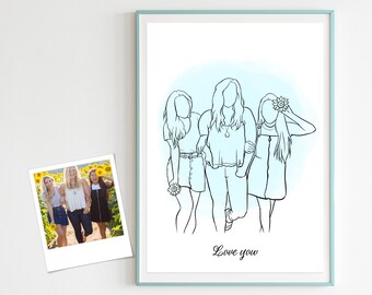 Familien Porträt, Geschenk für Schwester, Custom Line Zeichnung, Schwester Tatoos, Line Art, Geschenk für Mädchen, Geschenk für beste Freunde, Freundschaft, Valentine