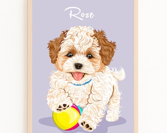 Peut inclure: Impression encadrée d'un chiot aux poils blancs et marron, avec un collier bleu et une langue rose, jouant avec une balle jaune et rose. Le nom "Rose" est écrit au-dessus du chiot en cursive.