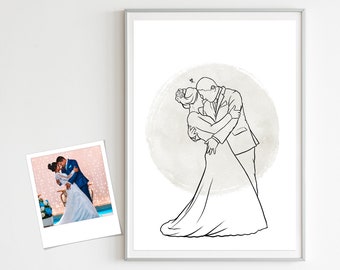 Hochzeitsgeschenk, Hochzeitserinnerungen, Geschenk für Paare, Line Art, Braut, Bräutigam, Hochzeitsbild, Zeichnung des Brautpaares, Fotomalerei