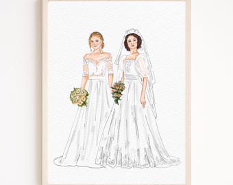 Custom Watercolor Wedding Portrait, Mother and Bride Gift (Digital or Print)