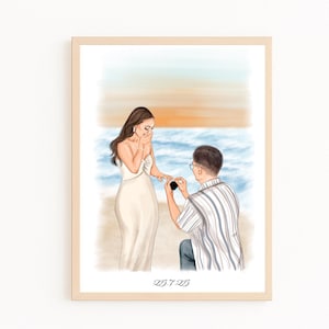 Könnte beinhalten: Illustration eines Heiratsantrags am Strand. Eine Person kniet und präsentiert einer Person in einem weißen Kleid einen Ring. Der Hintergrund zeigt das Meer und den Himmel. Das Datum "25.7.23" ist unten geschrieben.