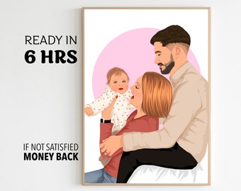 May include: A digital illustration of a family portrait. A man, woman, and baby are depicted in a cartoon style. The family is smiling and looking at each other. The background is a light pink color.