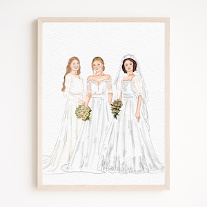 May include: Watercolour illustration of three women in white wedding dresses, each holding a bouquet of flowers. The dresses feature different necklines and sleeve styles. The artwork is framed in a light wood frame.