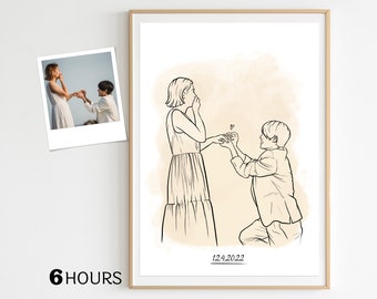 illustration personnalisée de proposition de mariage, portrait de croquis de fiançailles, dessin du contour, dessin d'anniversaire de mariage, idée cadeau pour couple, amoureux