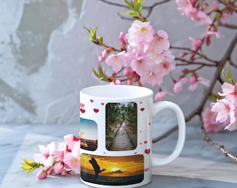 Custom Photo Mug with Red Hearts, Custom Photo Collage Coffee Mug, Personalized Gift for Valentine&#39;s Day, Anniversary, or Birthday