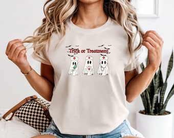Camiseta de enfermera de Halloween con colores cómodos: camiseta de fantasma y truco o trato