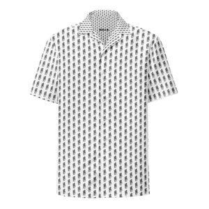 May include: A white short-sleeved button-down shirt with a black and white pattern of repeated images of a hand giving the peace sign.