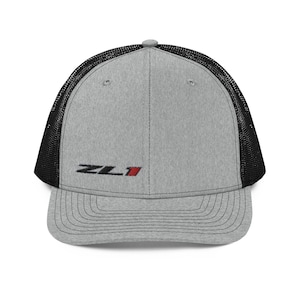 May include: A gray and black trucker hat with a black mesh back and a red and black embroidered "ZL1" logo.