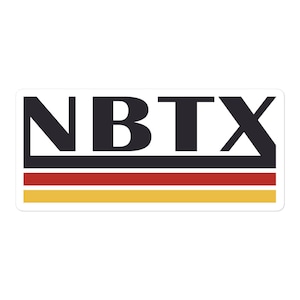 May include: A black and white sticker with the text "NBTX" in bold, black letters. The sticker has three horizontal stripes in red, gold, and yellow.