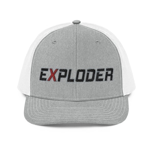 May include: A gray and white trucker hat with a black and red embroidered logo that says "EXPLODER".