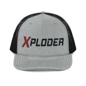 May include: A gray and black trucker hat with a red and black embroidered logo that says "XPLODER".