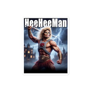 May include: A digital illustration of a man with long blonde hair holding a sword, wearing a red and gray costume with a gold belt and a red cape. The background is a dark castle with lightning bolts. The text "HeeHeeMan" is at the top of the image.