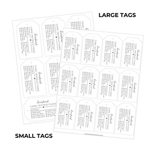 Two pages of care instruction labels showing the different sizes of labels