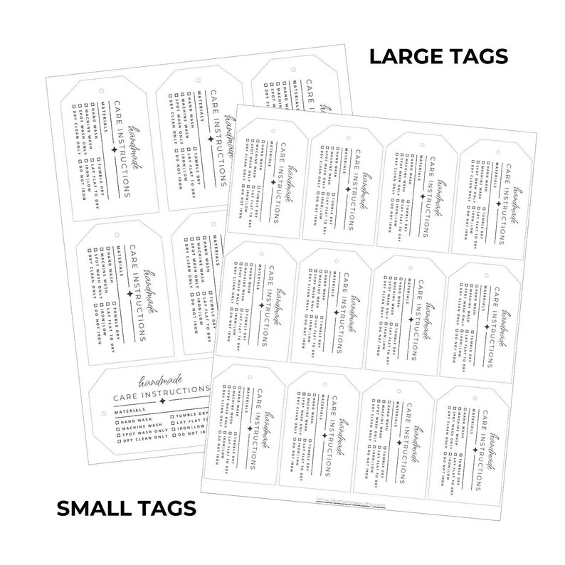 Two pages of care instruction labels showing the different sizes of labels