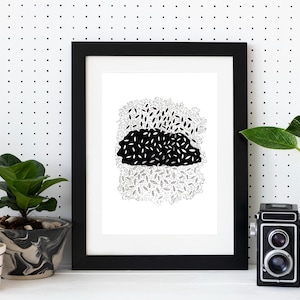 modern abstract art, wall decor, original ink drawing, contemporary art, black and white art, Black white minimalist original in Frame gift