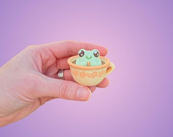Kawaii Cottagecore Teacup Frog Clicker | 3D Printed Tiny Frog | Cottagecore Desk Toy | Pastel Clicker Fidget | Kawaii Frog Fidget