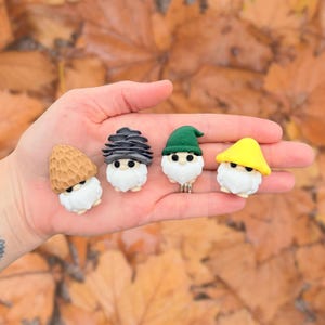 May include: Four miniature gnome figurines with white beards and various colored hats: brown, black, green, and yellow. The gnomes are held in a person's hand against a backdrop of autumn leaves.