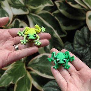 May include: Two small, handmade frog figurines in shades of green and yellow are displayed. The frogs have large eyes and red mouths. The background is a blurred view of green foliage.