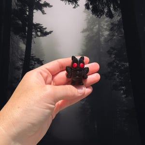 May include: A small, black figurine of a creature with red eyes and small wings. The figurine is held in a hand against a backdrop of a misty forest. The figure has a stylized design.