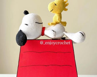 Crochet White Dog with black ears and Yellow Bird – Handmade Amigurumi - Beagle dog