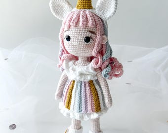 Crochet Unicorn Doll – Handmade Amigurumi Toy – Whimsical Unicorn Girl
