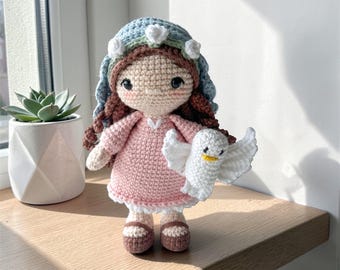 Crochet Virgin Mary with Holy Spirit Dove Amigurumi, Cotton Religious Decor