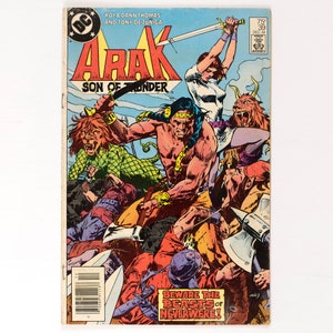 May include: A vintage comic book titled "Arak, Son of Thunder" featuring a dynamic illustration of a warrior battling mythical creatures. The cover art is vibrant with bold colors and action-packed scenes. The text "Beware the Beasts of Neverwere!" is visible.