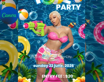Pool party  Flyer Editable Canva Template Party & Club Event Invitation Digital Download
