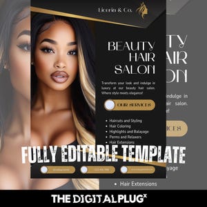 May include: A black and gold flyer advertising a beauty hair salon called "Liceria & Co." The flyer features a photo of a woman with long, dark hair and a gold background. The text on the flyer reads "Beauty Hair Salon" and "Transform your look and indulge in luxury at our beauty hair salon. Where style meets elegance!" The flyer also lists the salon's services, including haircuts and styling, hair coloring, highlights and balayage, perms and relaxers, and hair extensions.