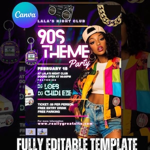 Puede incluir: Un folleto de fiesta con temática de los 90 con una mujer que lleva una chaqueta colorida y pantalones cortos de mezclilla. El folleto presenta el texto "90s Theme Party" y "DJ Loeb" y "DJ Chidi Eze". El folleto también incluye la fecha "February 15" y la hora "Doors open at 06:00PM".