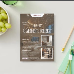 May include: A flyer advertising luxury apartments for rent starting at $2,000. The flyer features a brown background with a starry ceiling and images of the apartments. The text "Liceria & Co." is at the top of the flyer.