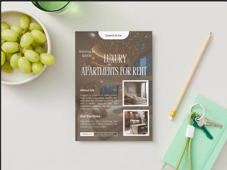 May include: A flyer advertising luxury apartments for rent starting at $2,000. The flyer features a brown background with a starry ceiling and images of the apartments. The text "Liceria & Co." is at the top of the flyer.