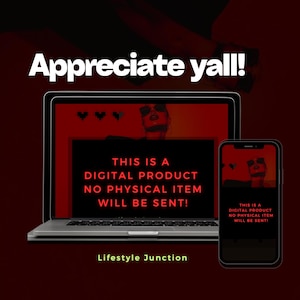 May include: A laptop and a smartphone with a red background. The screens display the text "This is a digital product. No physical item will be sent!" and the text "Lifestyle Junction".