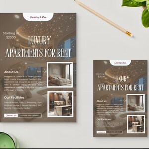 May include: A flyer advertising luxury apartments for rent, starting at $2000. The flyer features images of the apartment interiors, including a bedroom, living room, and kitchen. The flyer also includes information about the amenities, such as a gym, swimming pool, rooftop lounge, secure parking, and 24/7 security.