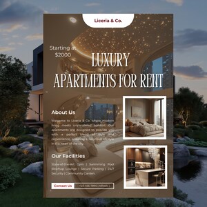 May include: A flyer advertising luxury apartments for rent. The flyer features a photo of a modern building with a starry night sky in the background. The text on the flyer reads "Liceria & Co.", "Starting at $2000", "Luxury Apartments for Rent", "About Us", "Our Facilities", and "Contact Us".