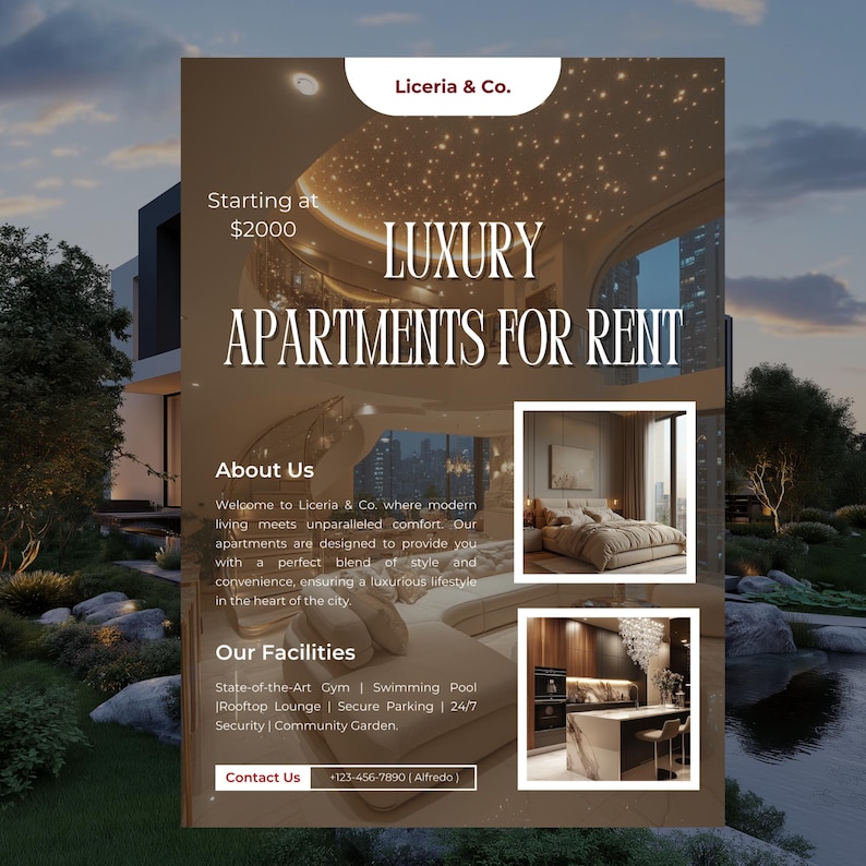 May include: A flyer advertising luxury apartments for rent. The flyer features a photo of a modern building with a starry night sky in the background. The text on the flyer reads "Liceria & Co.", "Starting at $2000", "Luxury Apartments for Rent", "About Us", "Our Facilities", and "Contact Us".