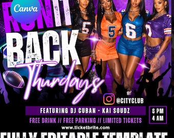 Könnte beinhalten: Ein lila und schwarzes Event-Flyer mit dem Text "Run It Back Thursdays" und dem Datum "Oct 25 Saturday". Der Flyer zeigt vier Frauen in Football-Trikots und das Canva-Logo.