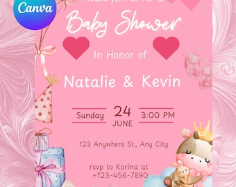 May include: Pink baby shower invitation with a cow illustration, hearts, and the text "Please join us for a Baby Shower In Honor of Natalie & Kevin Sunday 24 JUNE 3:00 PM 123 Anywhere St., Any City rsvp to Korina at +123-456-7890 FULLY EDITABLE TEMPLATE"