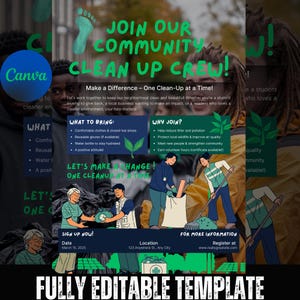 Editable Community Cleanup Flyer | Volunteer Event Flyer | Neighborhood Clean-Up Poster | Canva Template