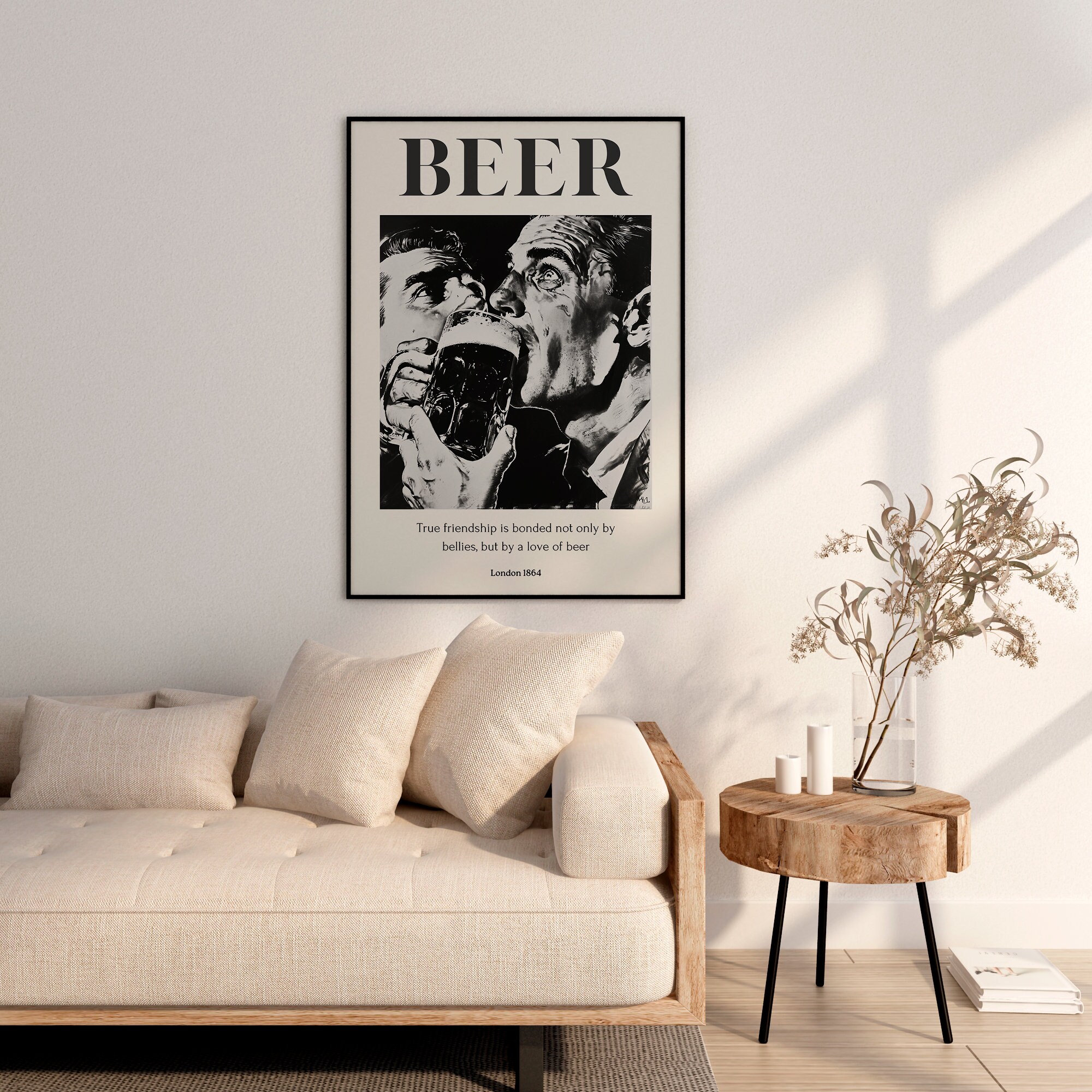 Men Drinking Beer, Black and White Art, Vintage Wall Art, Giant Beer