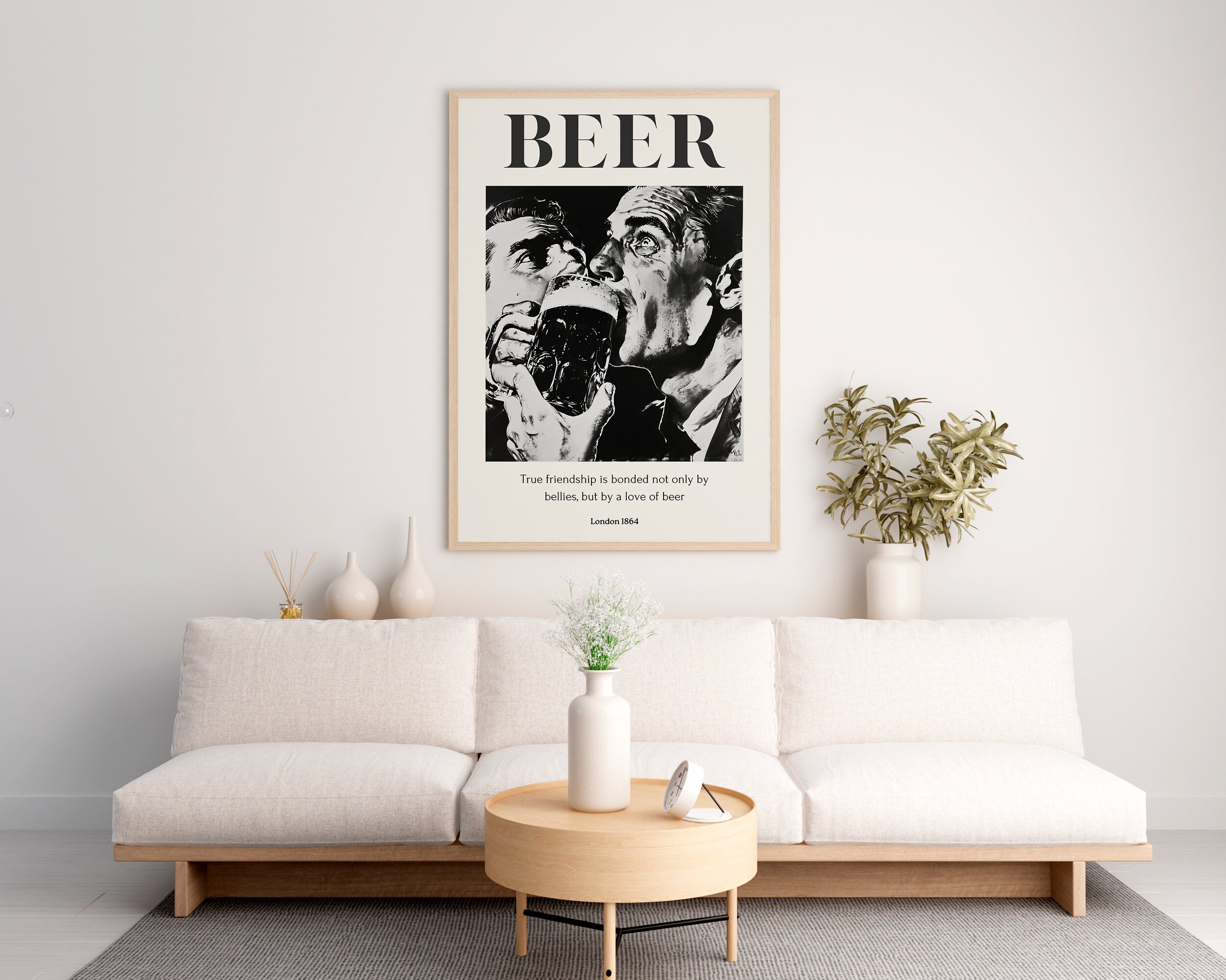 Men Drinking Beer, Black and White Art, Vintage Wall Art, Giant Beer