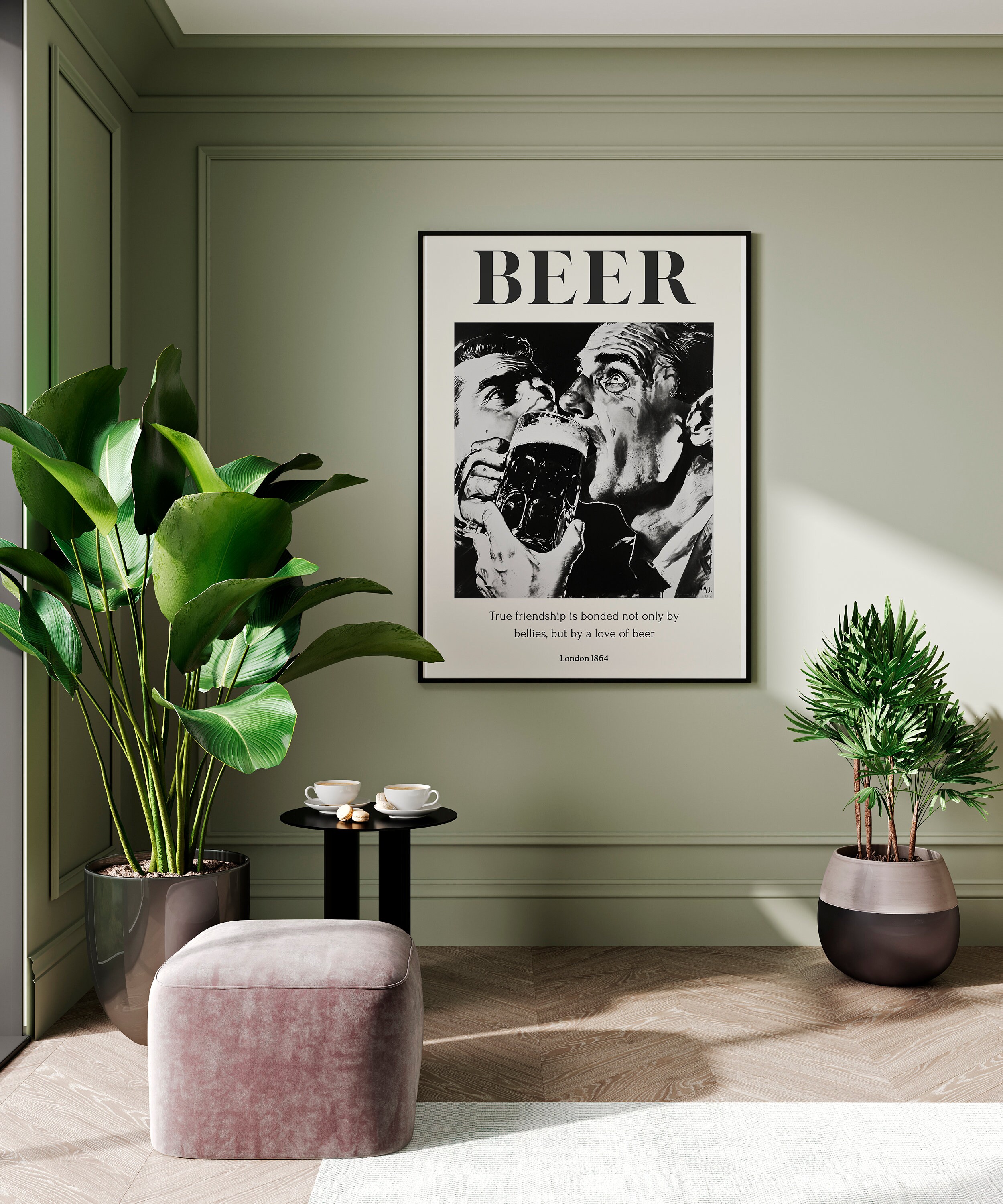 Men Drinking Beer, Black and White Art, Vintage Wall Art, Giant Beer