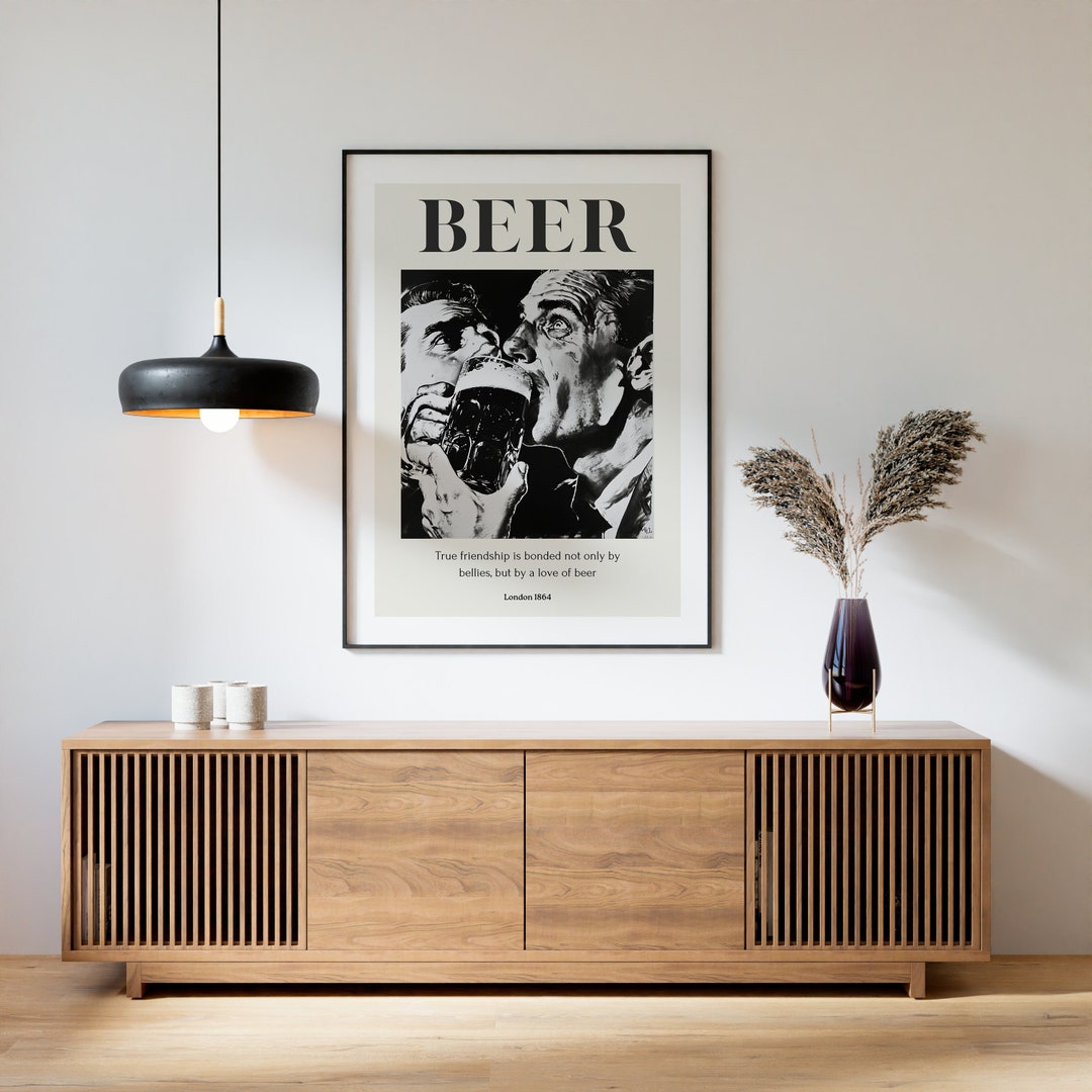 Men Drinking Beer, Black and White Art, Vintage Wall Art, Giant Beer