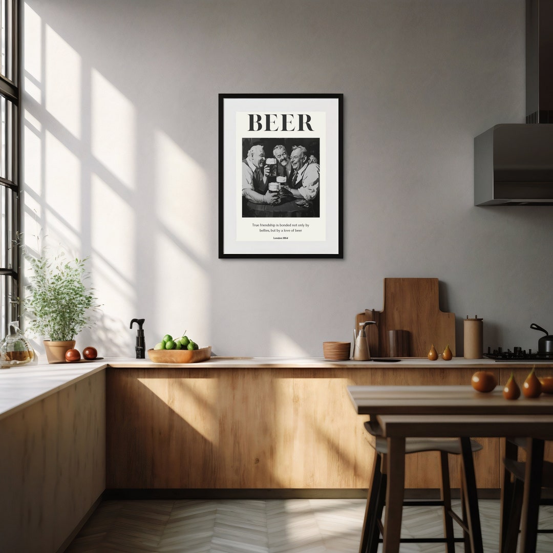 Men Drinking Beer, Black and White Art, Vintage Wall Art, Giant Beer