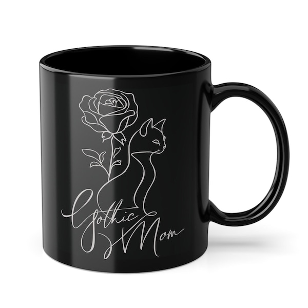 Mothers Day Mug - Gothic Mom - Unique Gift - white drawing of a Cat wearing a Witch Hat on a Black Cup